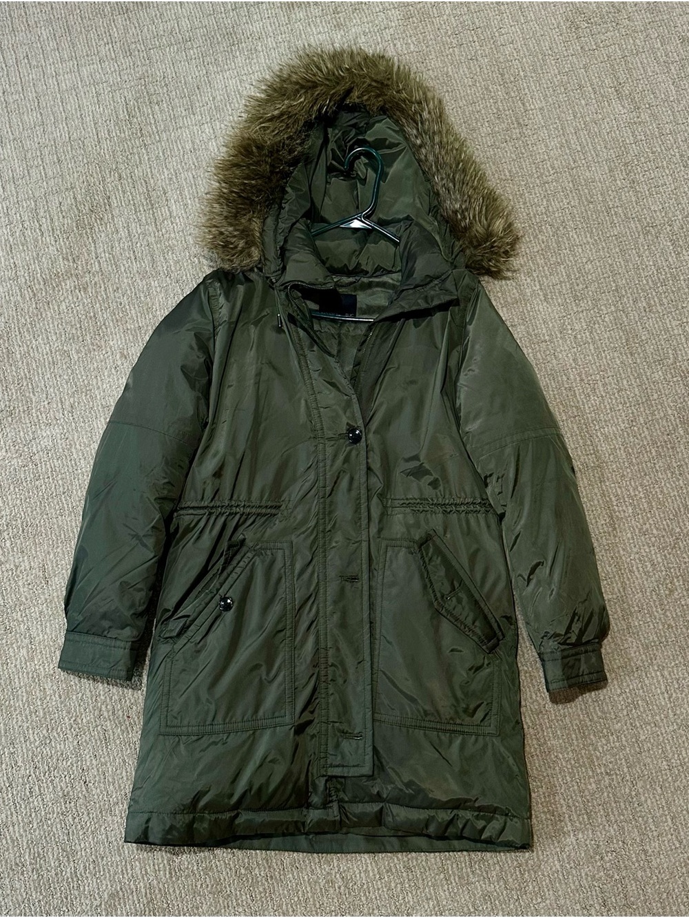 Banana Republic Olive Hooded Puffer Coat with Faux Fur Trim